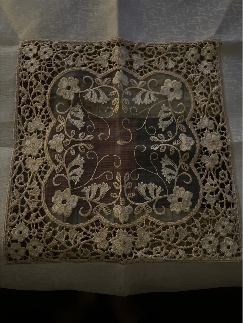 Vintage Style Lace and Embroidered Tablecloth - Cream Polyester